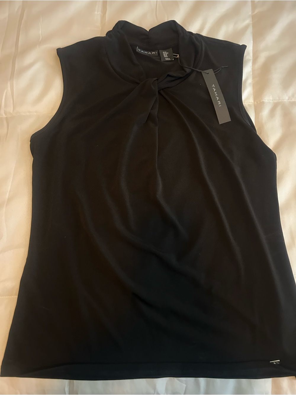 Tahari Sleeveless Black Tie-Neck Top